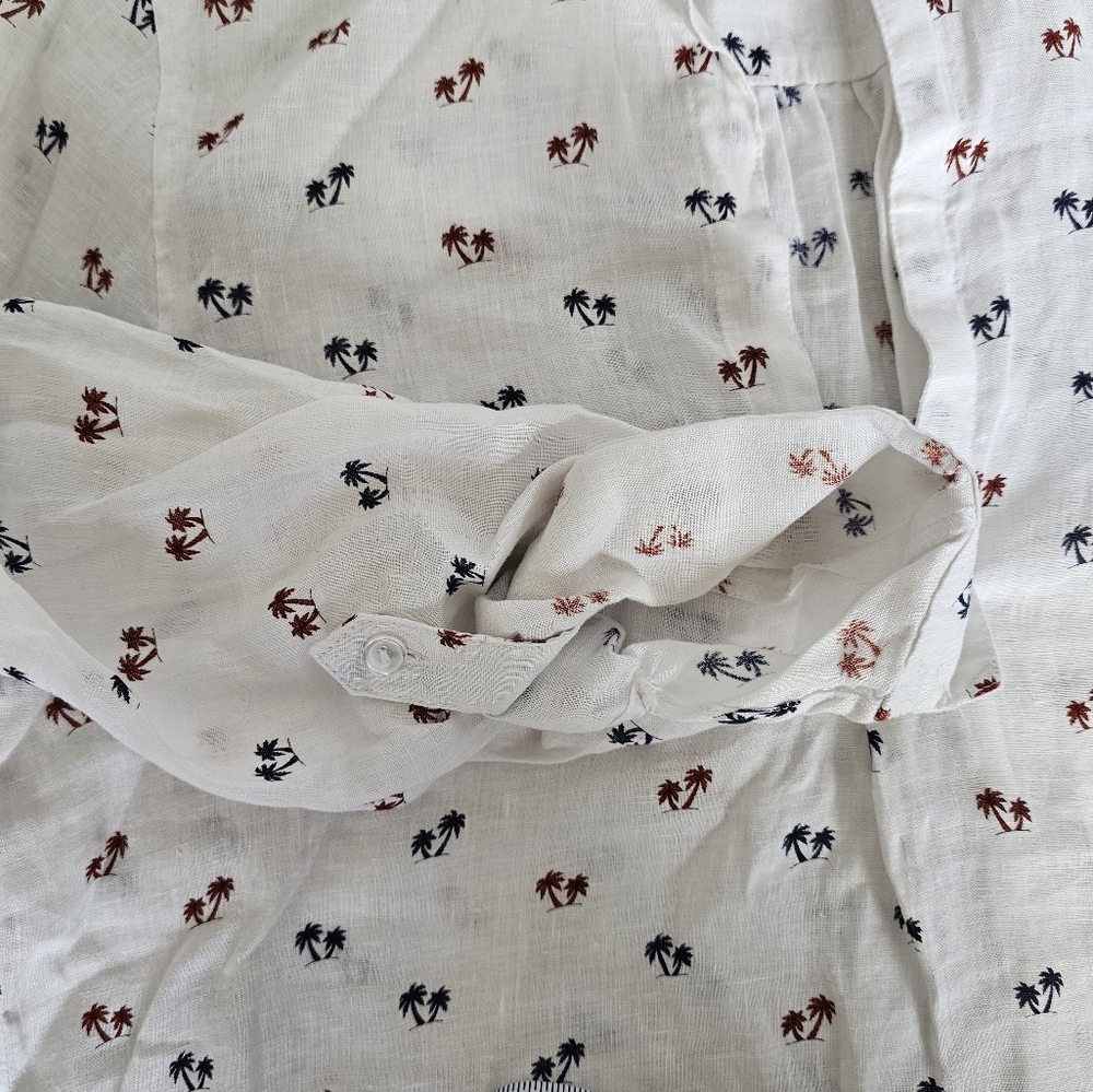 FORCYNTHIA Beachwear White Palm Trees Linen L Tunic Shirt Beach Coverup Resort - Picture 7 of 11